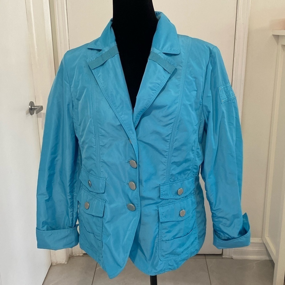 BARBARA LEBEK Long sleeved button down Aqua Rain Coat. EURO Size 46 Canadian 15